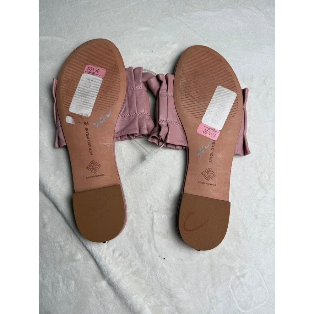 Antonio Melani Pink Leather Pleated Ruffle Slide Sandals Women 7M Flat Shoes